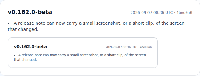 A release note on the release notes page, with a small framed screenshot under its highlight.